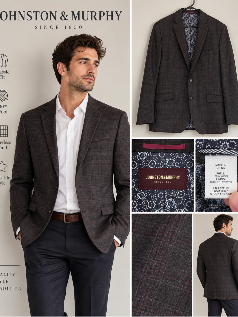 Johnston & Murphy Men’s Wool Plaid Sport Coat Blazer Brown Gray size L 🟫